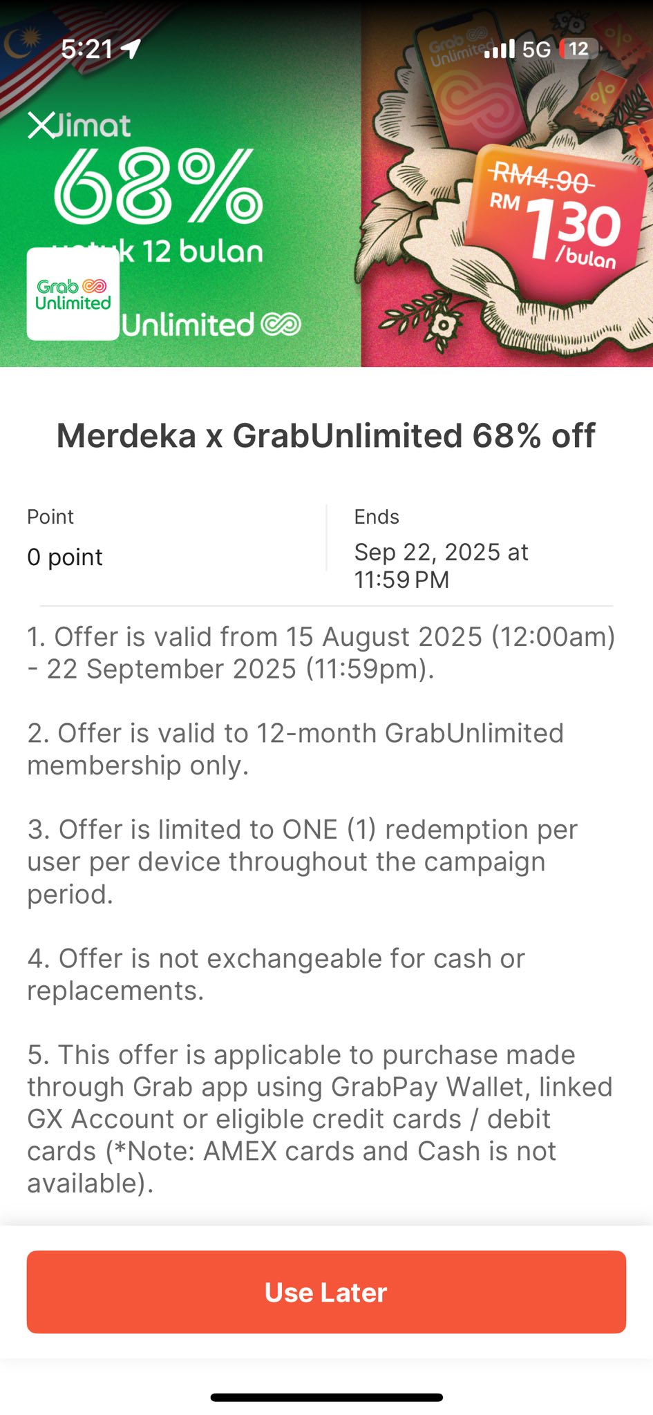 Jin Daily Promo Trivia : GrabUnlimited 68% off - get 12 month GrabUnlimited for RM15.33 illustration